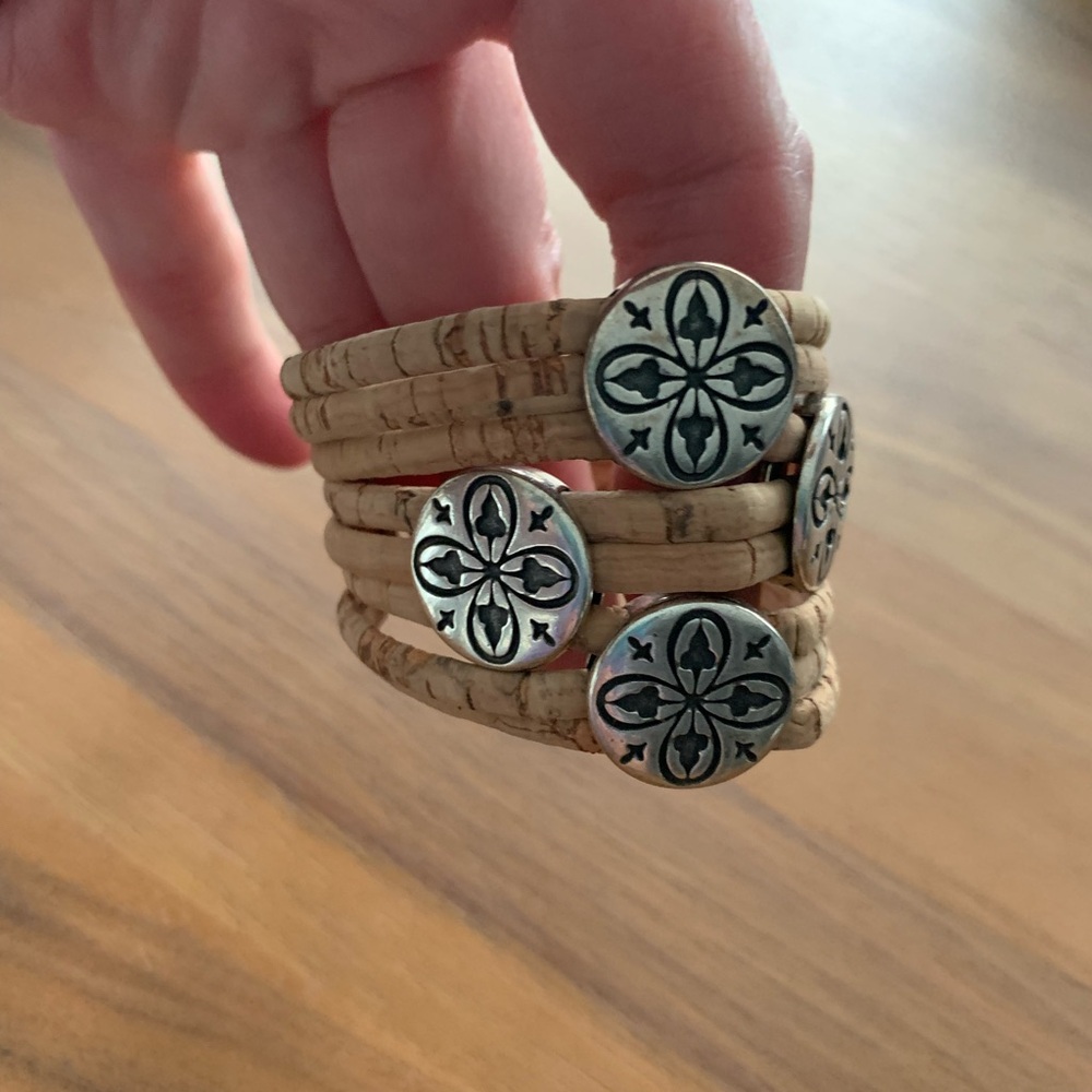 EUC Portuguese cork and silver bracelet. 8 strands cork & 4 embossed decorations